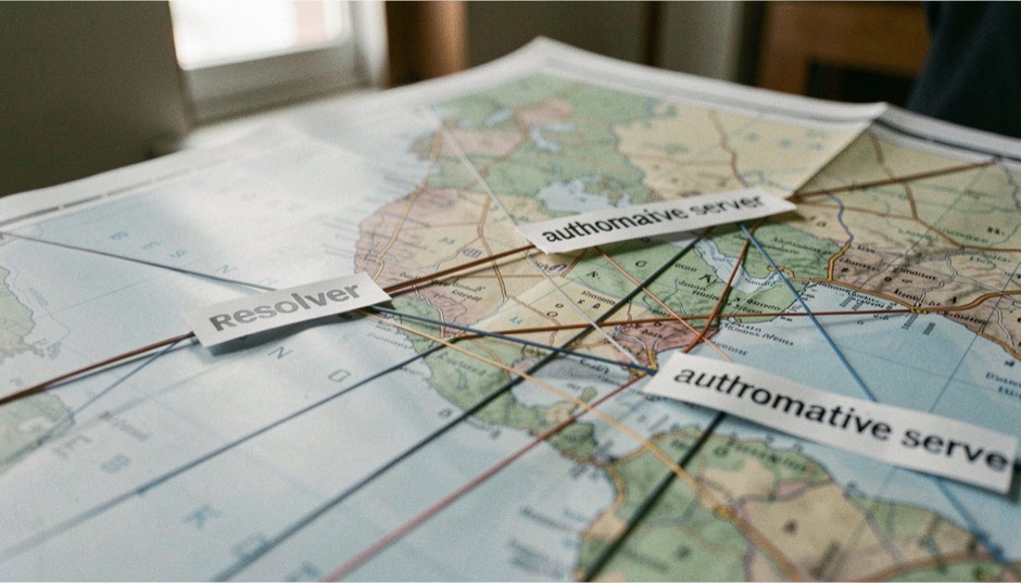 Two network paths drawn across a paper map, one marked resolver and one marked authoritative server