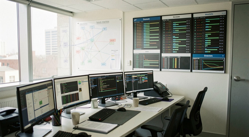 A bright infrastructure operations room with domain ledgers, network diagrams and a server status wall