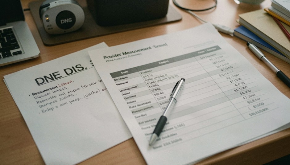 A measurement desk with DNS output, response timing notes and a dated provider price sheet