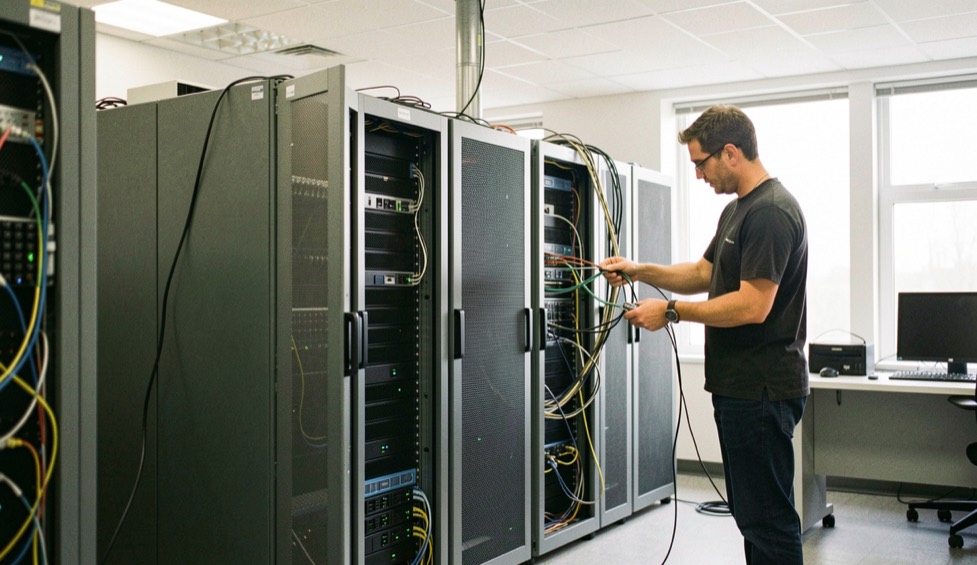 A wide documentary photograph of two server racks and a technician checking a cable path in a quiet data room