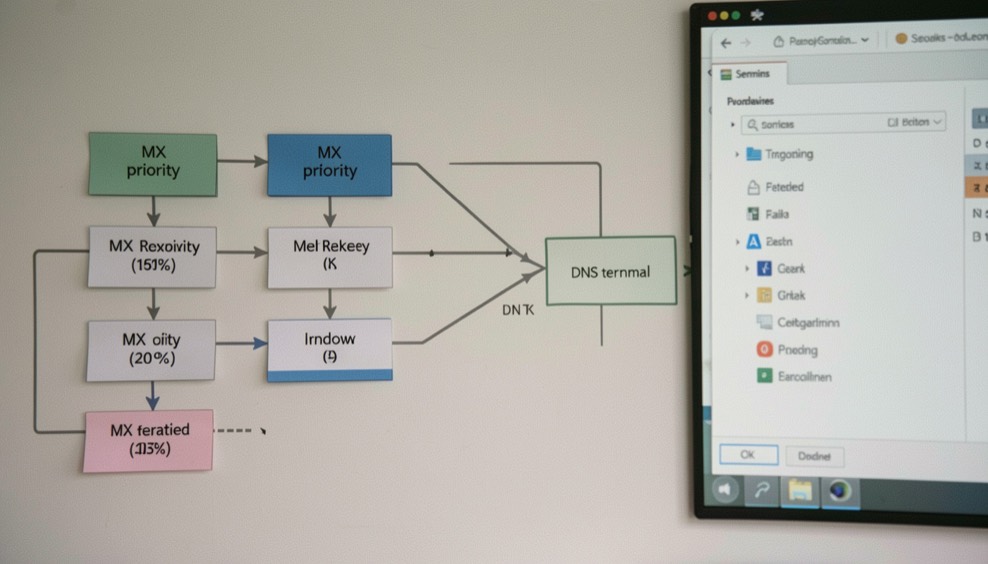 A mail routing diagram with MX priority cards, inbox arrows and a DNS terminal window