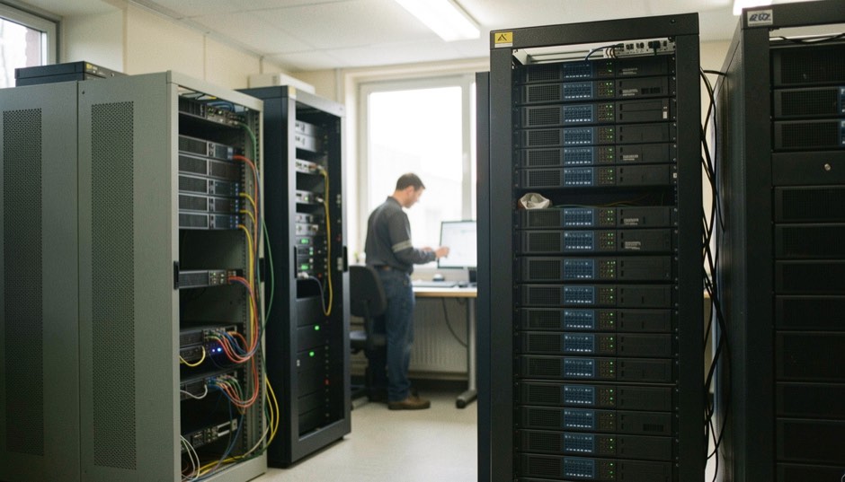 A documentary photograph of two server racks in a softly lit operations room with a technician in the background
