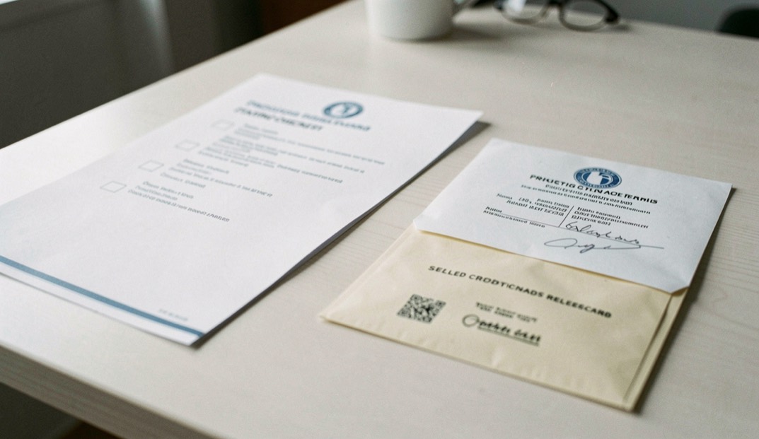 A staging checklist, production release card and sealed credentials envelope on a clean desk