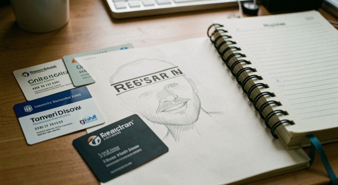 A set of domain extension cards spread beside a brand name sketch and a registrar notebook