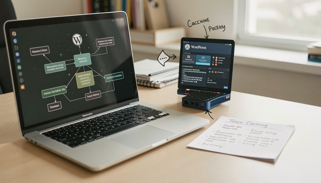 A WordPress site stack diagram beside a laptop, database card and labeled caching notes